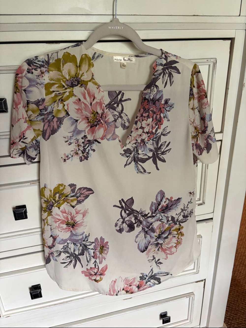 nine britton Cream Floral V-Neck Blouse with Pink & Olive Flowers